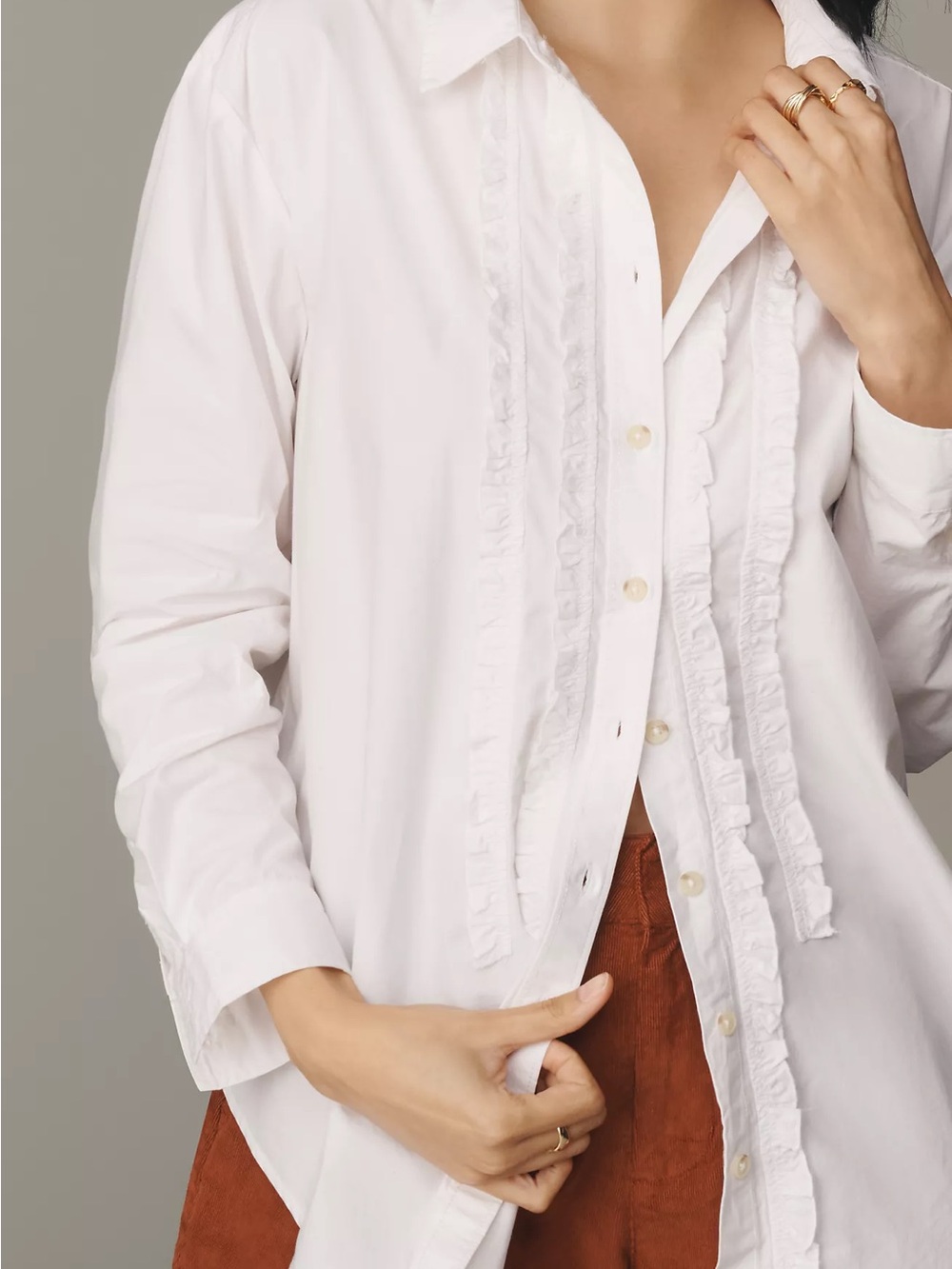 Pilcro Anthropologie White Tuxedo Button Down Shirt Ruffles Linen Blend Small - Picture 9 of 9